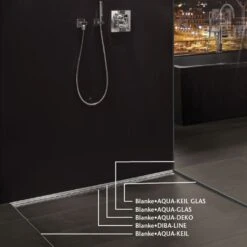 BLANKE Fliesenschiene Gefällekeil AQUA-KEIL GLAS Edelstahl Schwarz Matt 1200x37mm -Baustoffe Geschäft uebersicht aqua fliesenschienen duschrinne 18